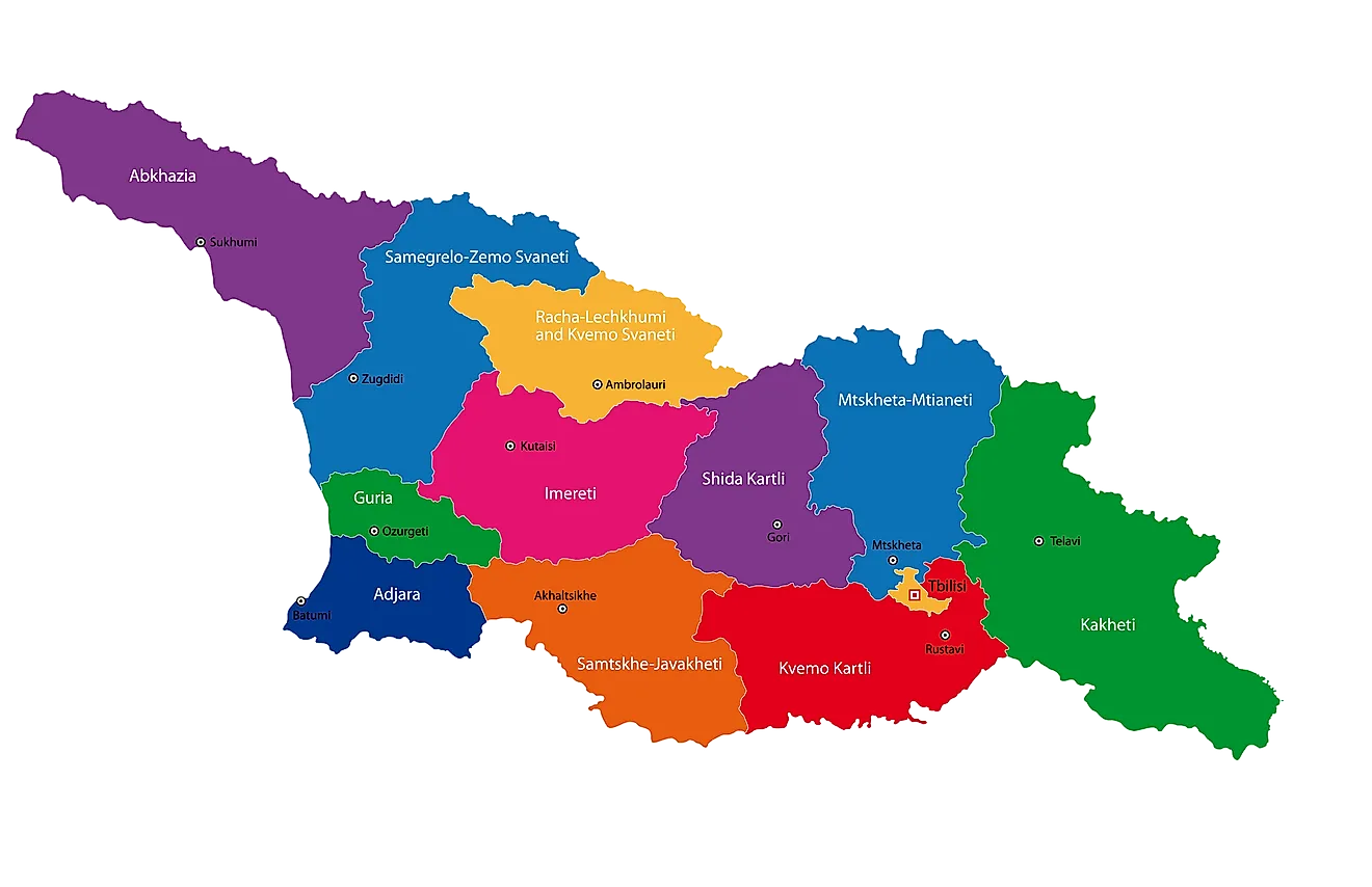 Political Map of Georgia showing its 9 regions, 1 city and 2 autonomous republics including the capital city of Tbilisi. 