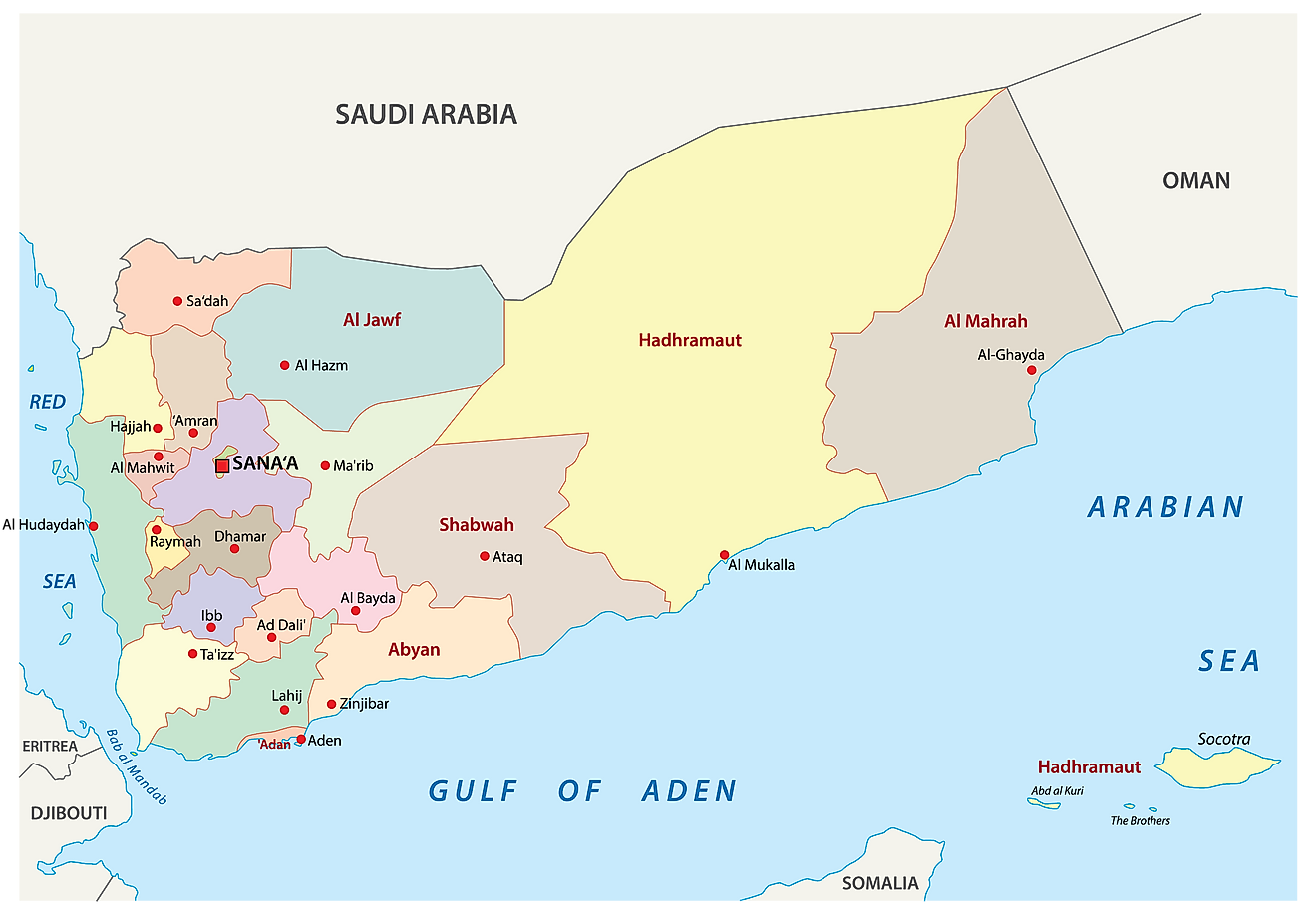 The Political Map of Yemen showing its 22 governorates, their capitals, and the capital city of Sana´a.
