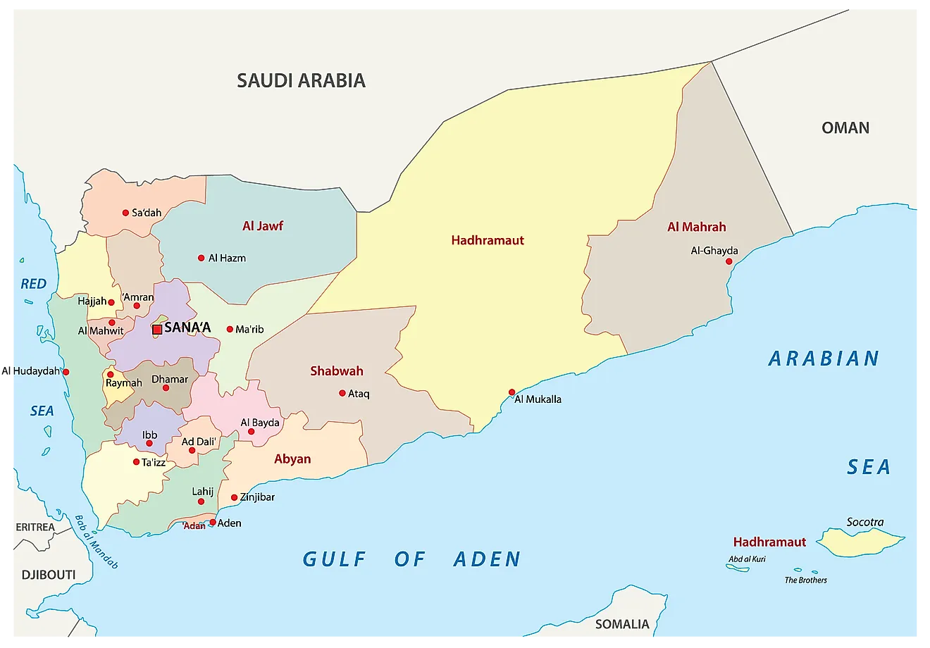 El Mapa Político de Yemen que muestra sus 22 gobernaciones, sus capitales y la ciudad capital de Saná.