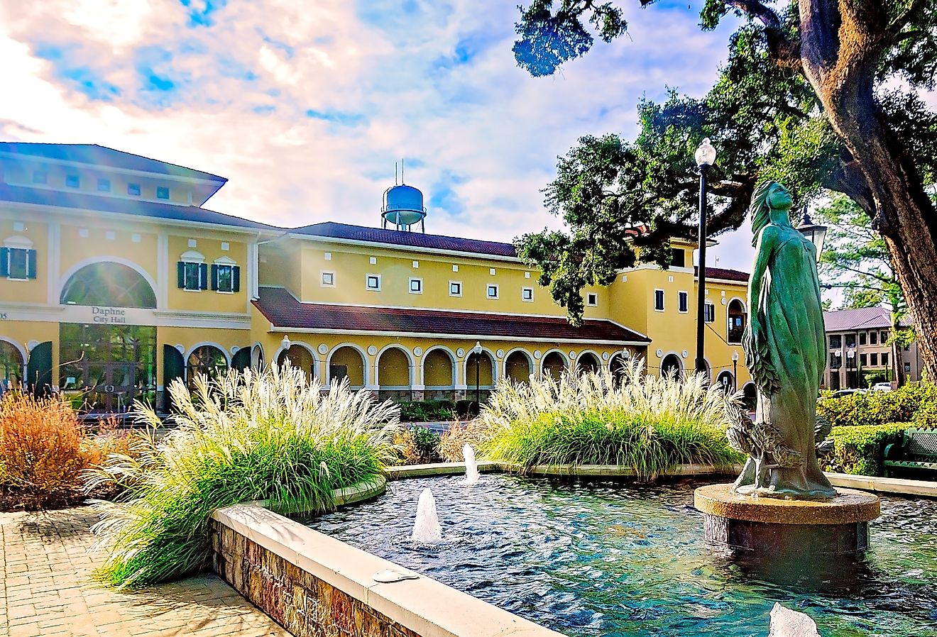 A statue of Daphne, a naiad in Greek mythology, stands in front of Daphne City Hall in Daphne, Alabama. Image credit Carmen K. Sisson via Shutterstock
