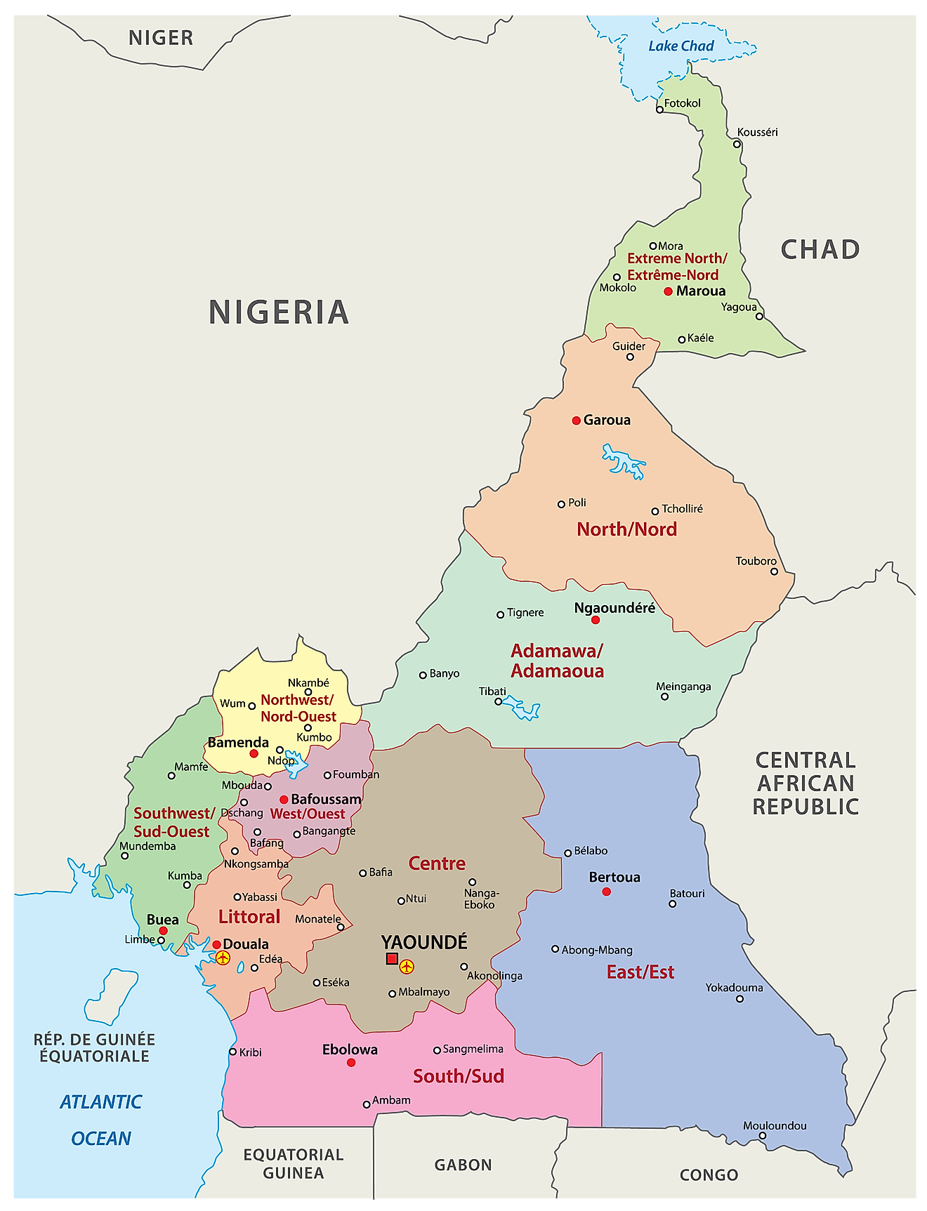 Political Map of Cameroon showing 10 regions, their capitals, and the national capital of Yaoundé.