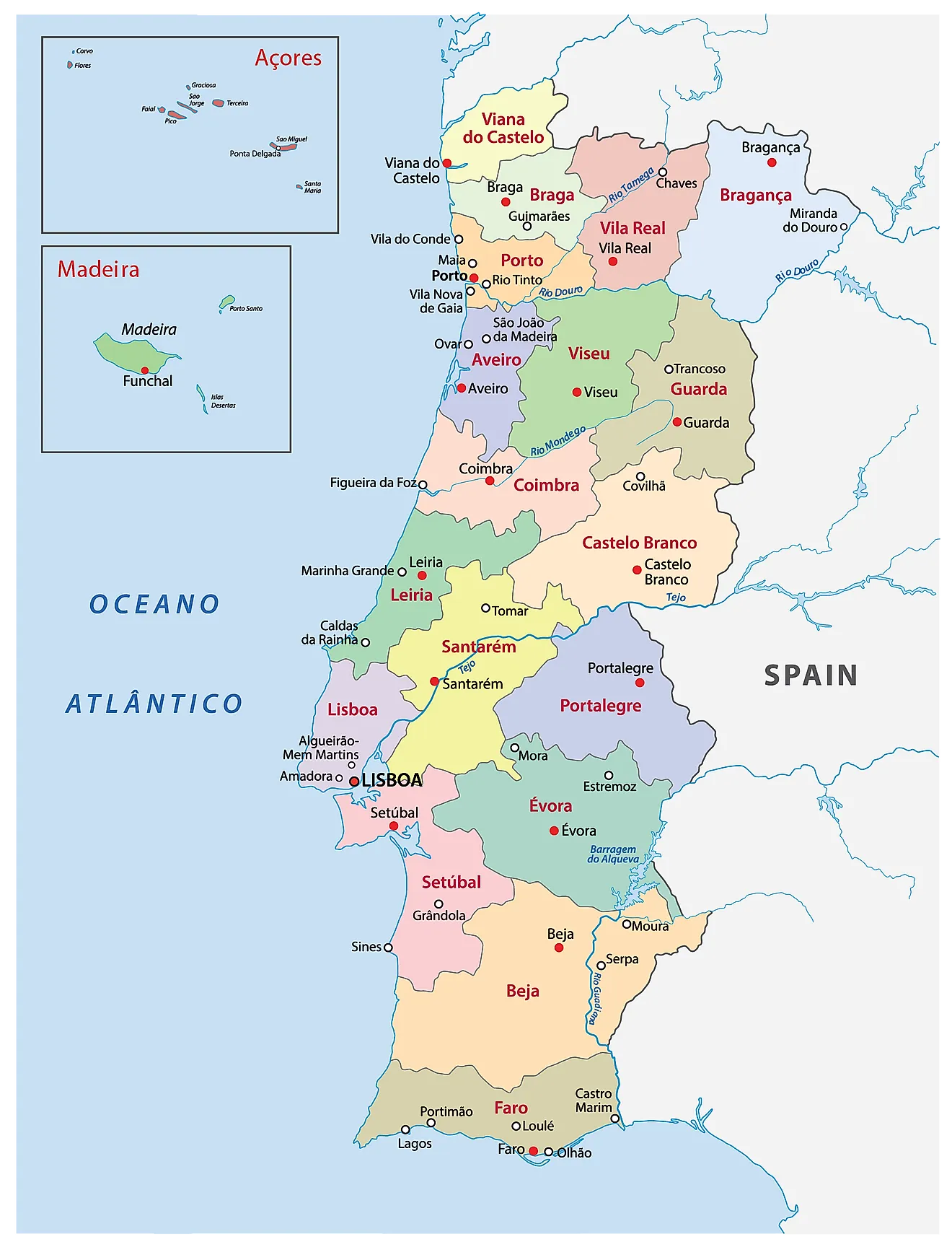 Mapa político de Portugal que muestra los 18 distritos y 2 regiones autónomas y la ciudad capital de Lisboa