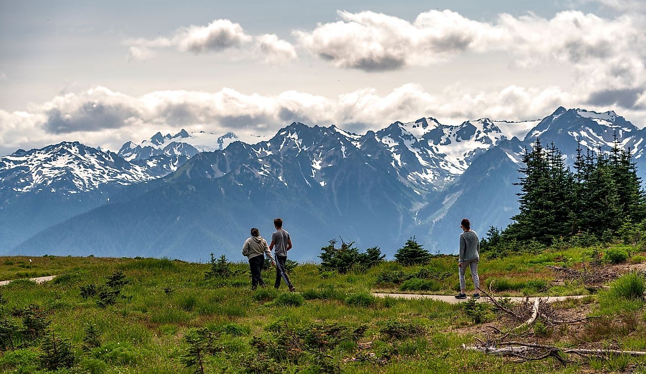 Three hikers walk a trail along Sunrise Point at North Cascades National Park with the Cascade Range in the background. Editorial credit: arthurgphotography / Shutterstock.com