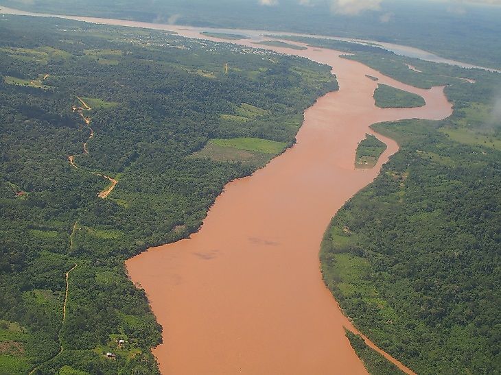 The Urubamba River and the Tambo River joining to form the Ucayali River in southwestern Peru.