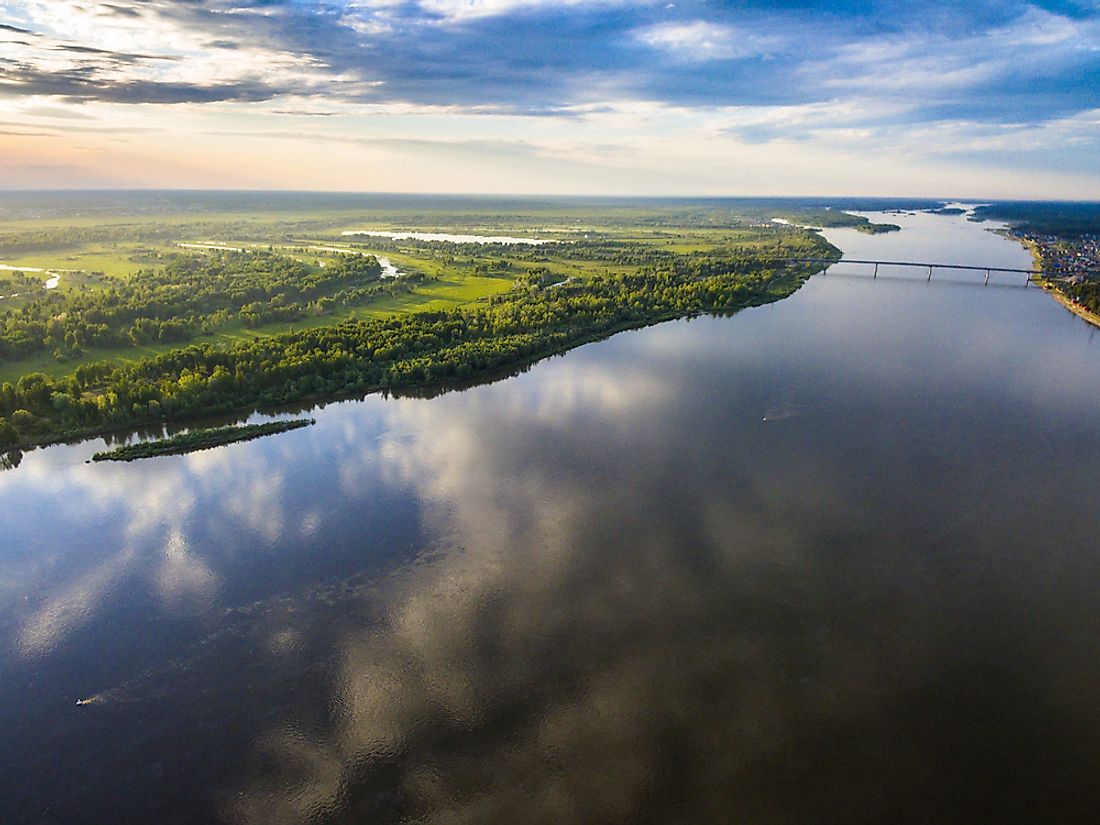 The Ob River flows through Russia before emptying into the Gulf of Ob.