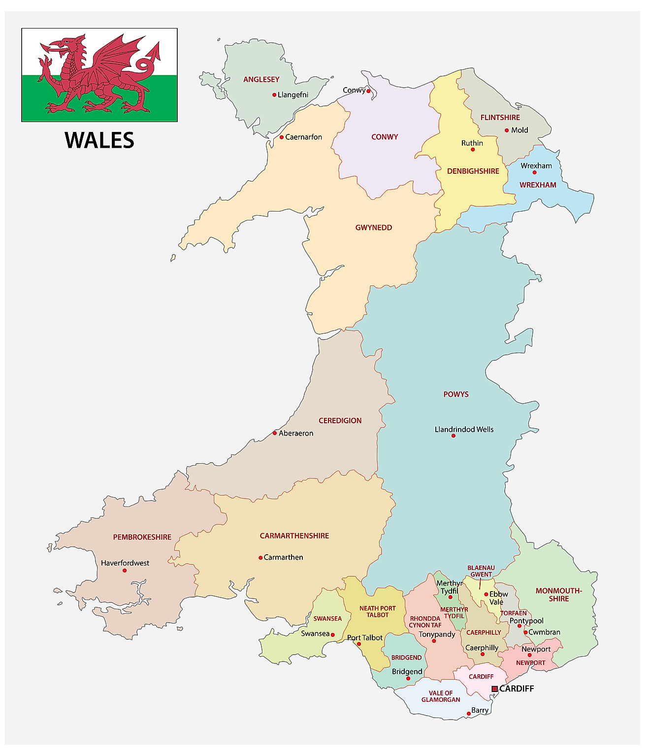 Administrative Map of Wales showing its various unitary authorities and its capital city - Cardiff