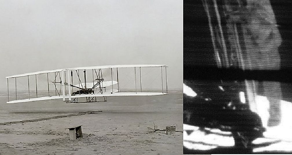 Left: The first successful powered flight of the Wright Flyer in 1903. Right: Armstrong takes the first human steps onto the moon in 1969.