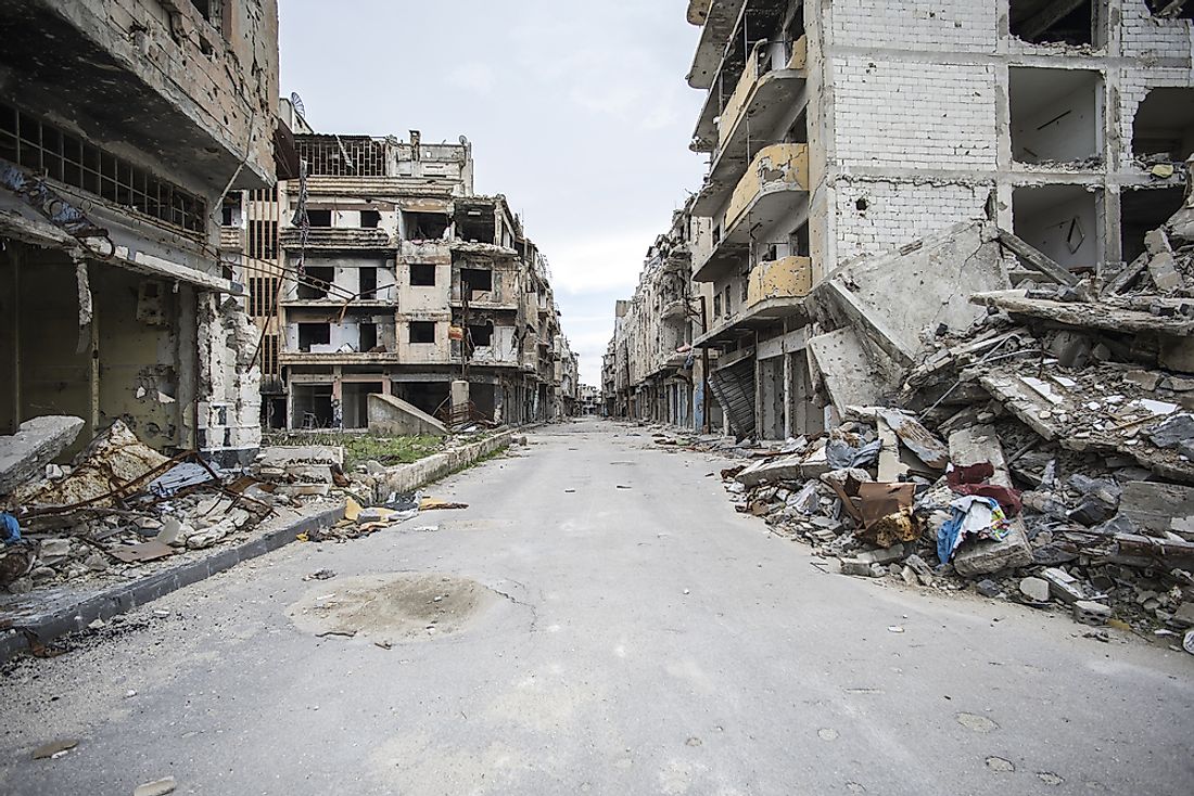 A city that has been badly damaged in Syria. 