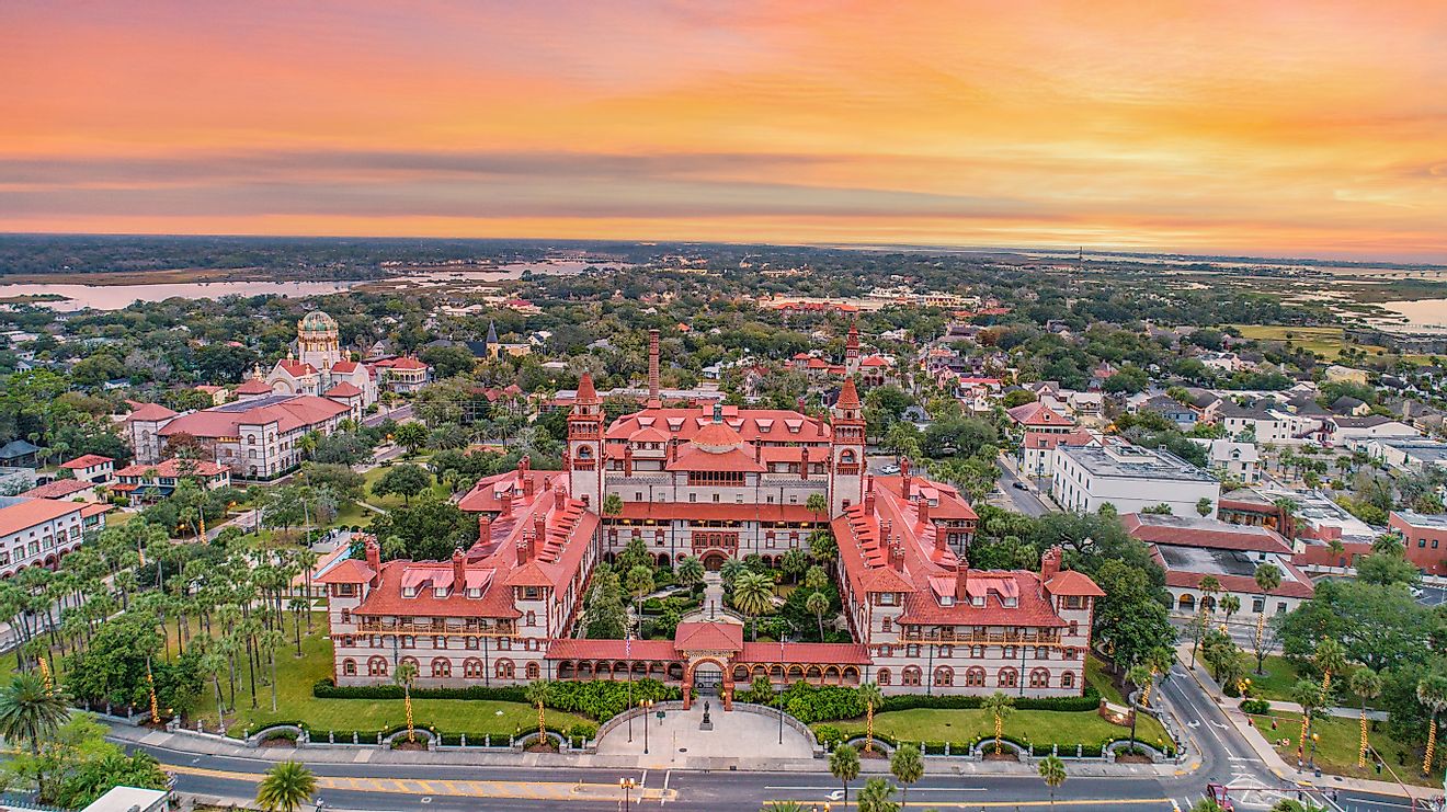 Aerial view of Ponce de Leon Hall of Flagler College in St. Augustine, Florida, USA. 