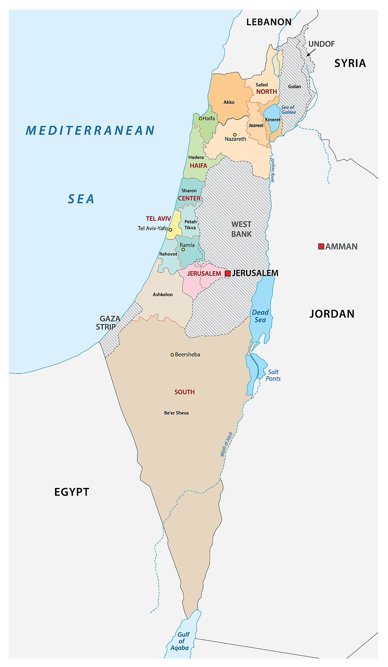 Political Map of Israel displaying 6 districts and the national capital of Jerusalem.