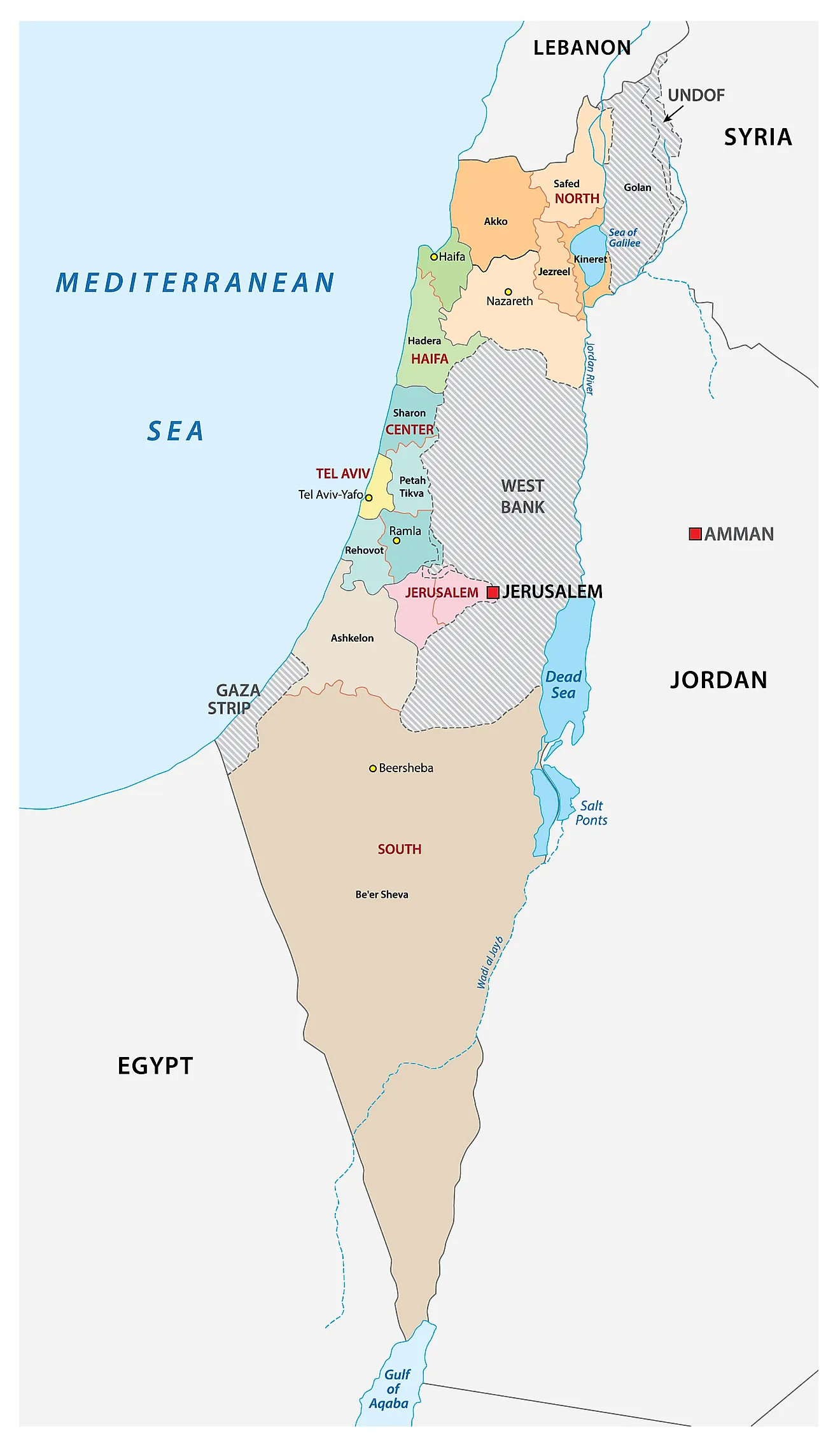 Political Map of Israel displaying 6 districts and the national capital of Jerusalem.