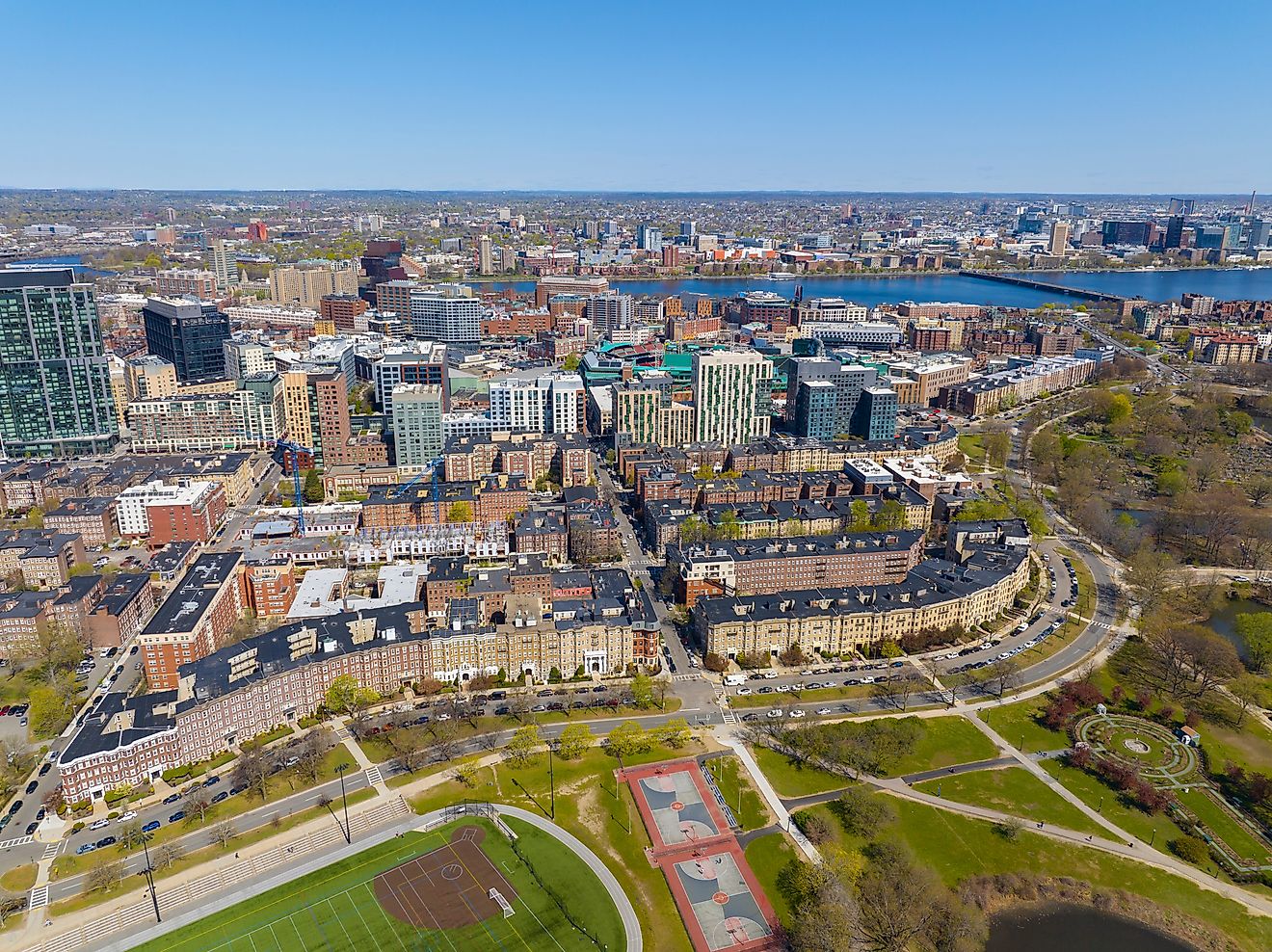 Aerial view of the Fenway nighborhood in Boston, Massachusetts.