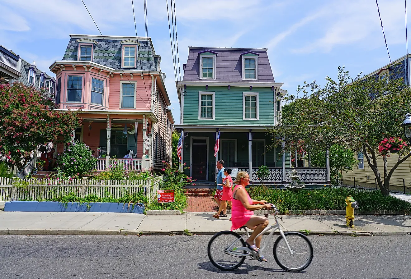 View of colorful historic Victorian houses in Cape May, New Jersey. Image credit EQRoy via Shutterstock