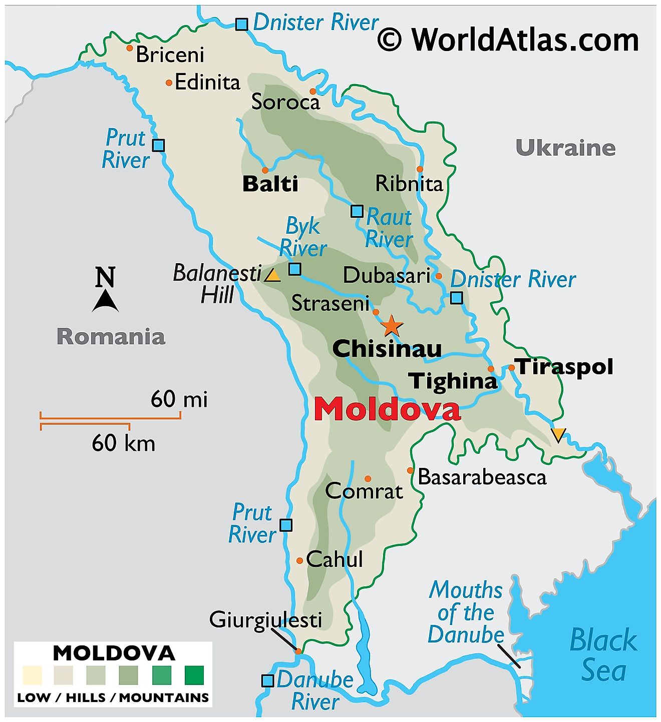 Mapa físico de Moldavia que muestra el terreno, los puntos más altos y más bajos, los principales ríos que drenan el país, las ciudades importantes, las fronteras internacionales, etc.