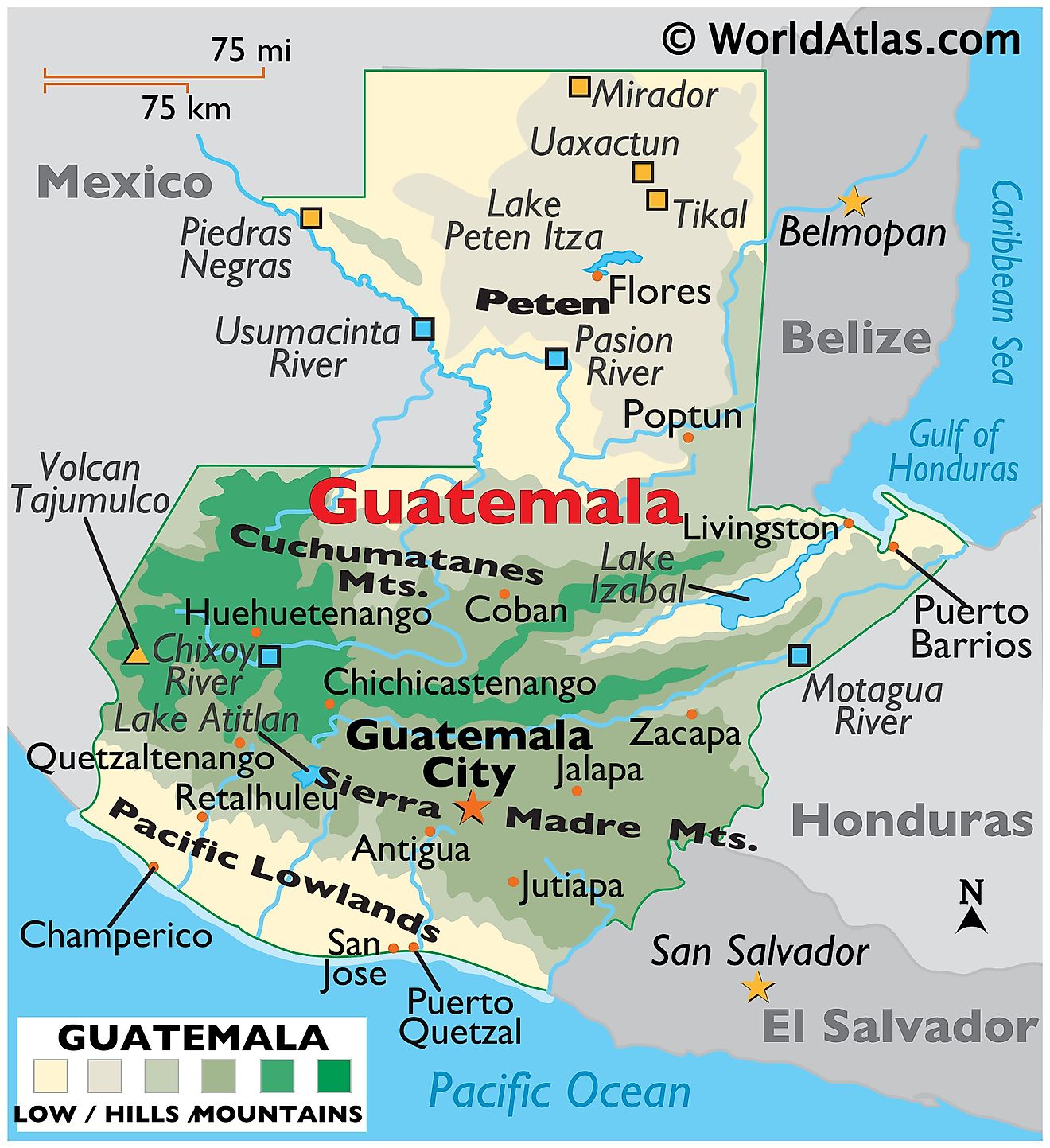 Mapa físico de Guatemala que muestra el terreno, las principales cadenas montañosas, el punto más alto, los ríos, el lago Izabal, la región de Petén, las ciudades importantes, las fronteras internacionales, etc.