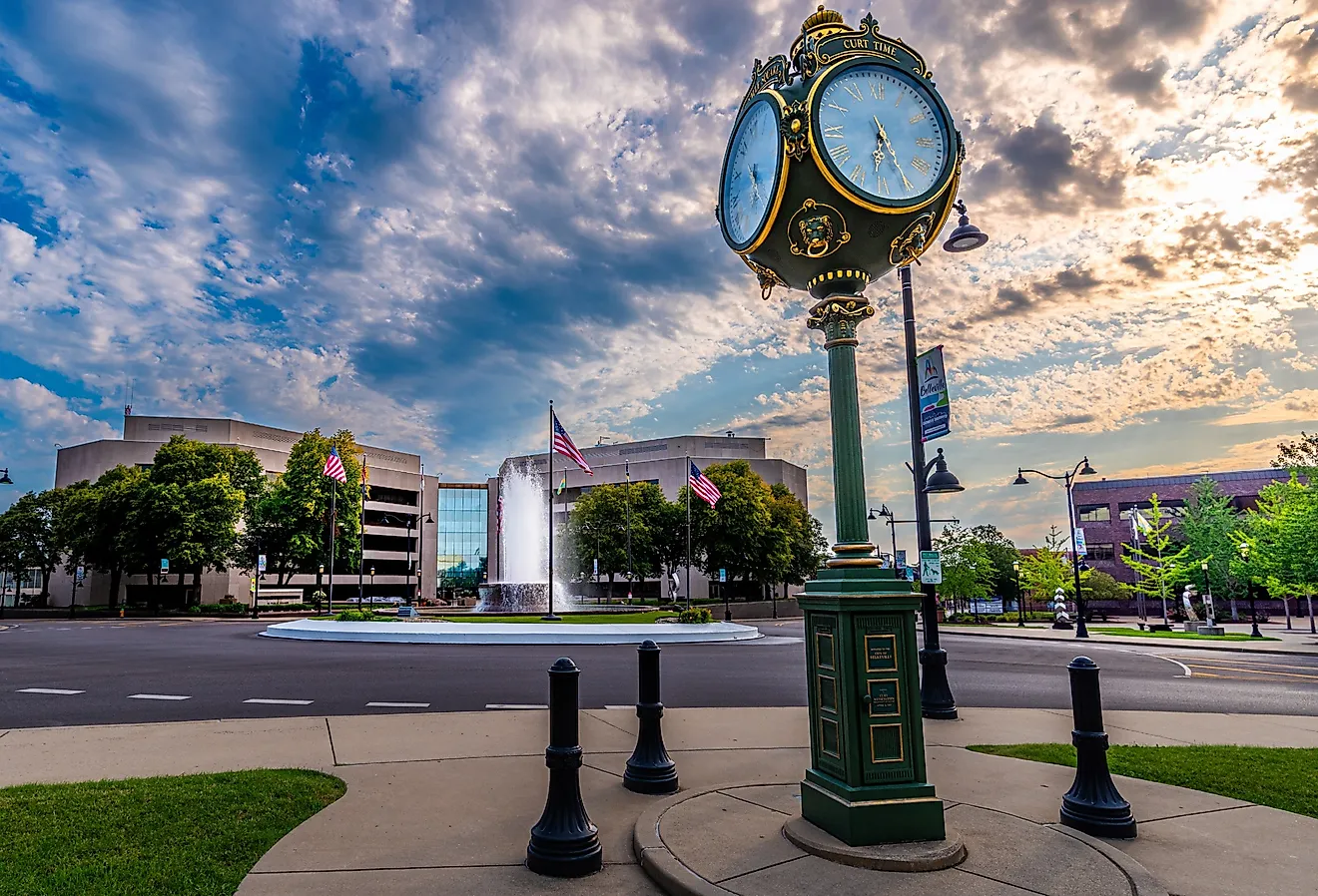 “Curt Time” memorial clock and central fountain in front of St. Clair Country Building, Belleville, Illinois. Image credit RozenskiP via Shutterstock