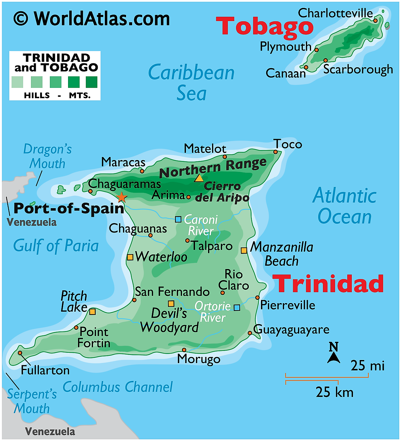Physical Map of Trinidad and Tobago showing relief, two main islands, mountains, the famous Pitch Lake, rivers, etc.