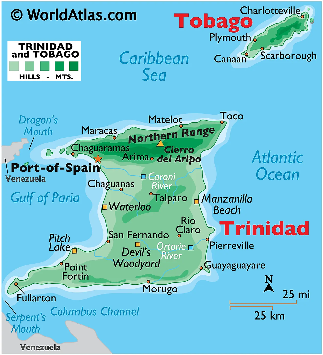 Physical Map of Trinidad and Tobago showing relief, two main islands, mountains, the famous Pitch Lake, rivers, etc.