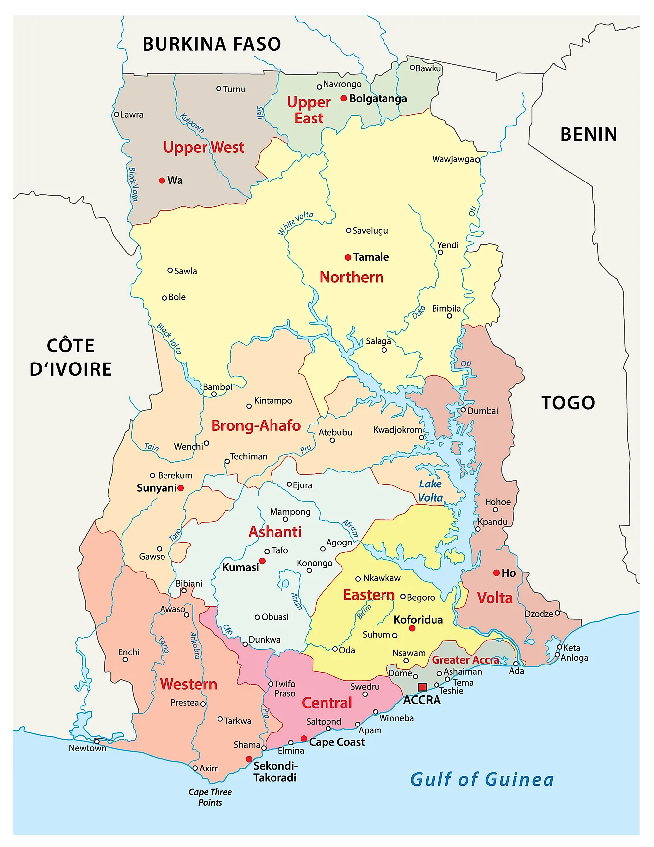 Political Map of Ghana showing the 16 regions and the national capital of Accra.