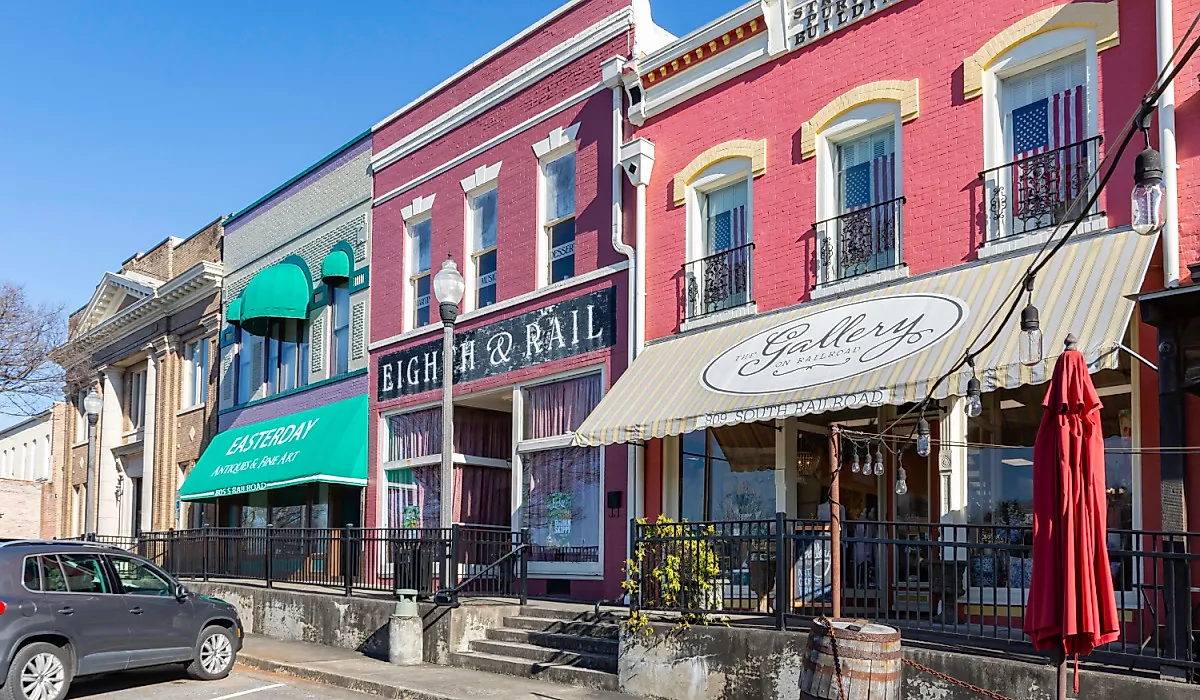 Historic buildings along Railroad Avenue in downtown Opelika, Alabama.