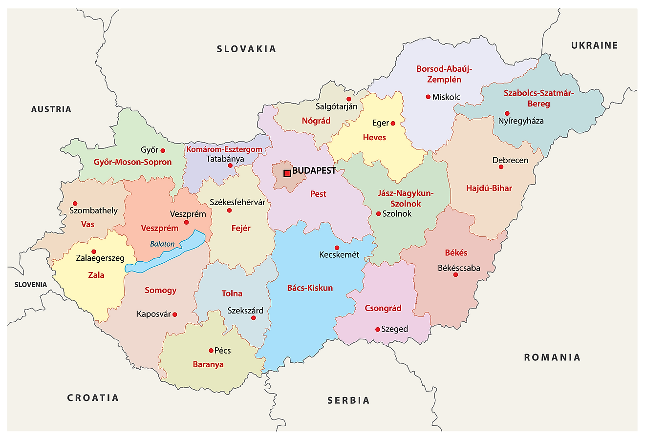 Political Map of Hungary showing its 19 counties, 23 cities with county rights and the capital city of Budapest.