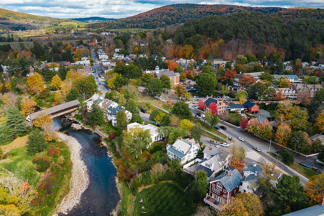 Aerial view of the historic town of Woodstock, Vermont.