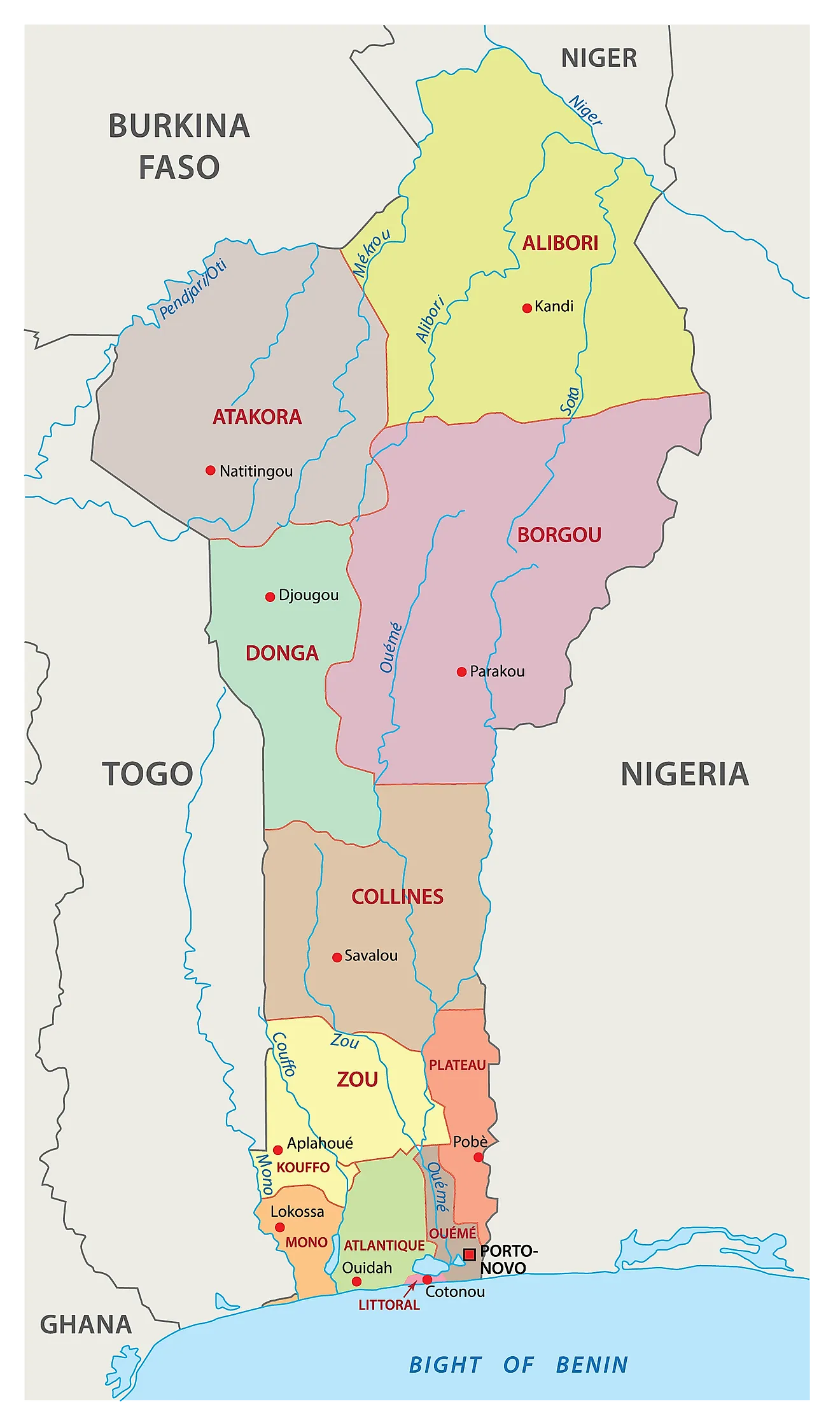 Political Map of Benin showing 12 departments and their capitals, and the national capital of Porto Novo.