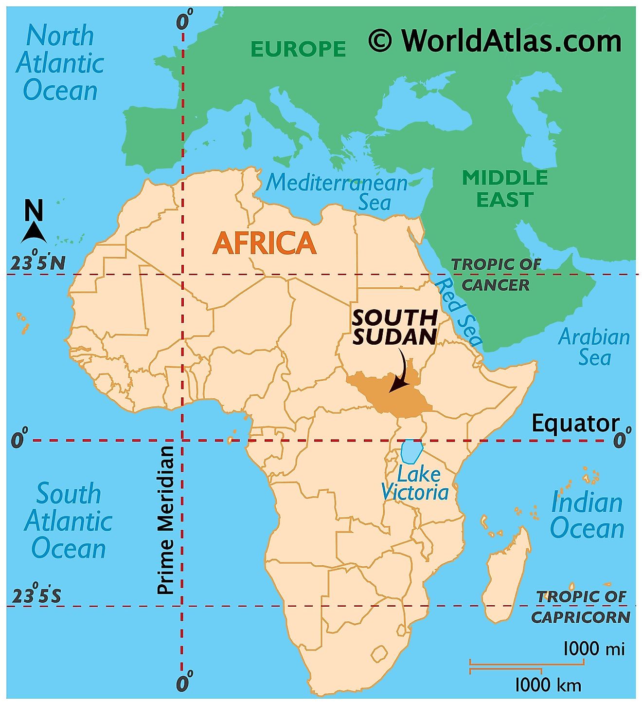 Map showing location of South Sudan in the world.