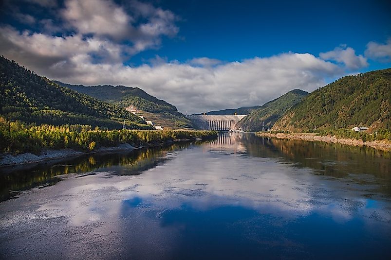 The Sayano-Shushenskaya Hydroelectric Power Plant in a canyon of Siberia's mighty River Yenisei.