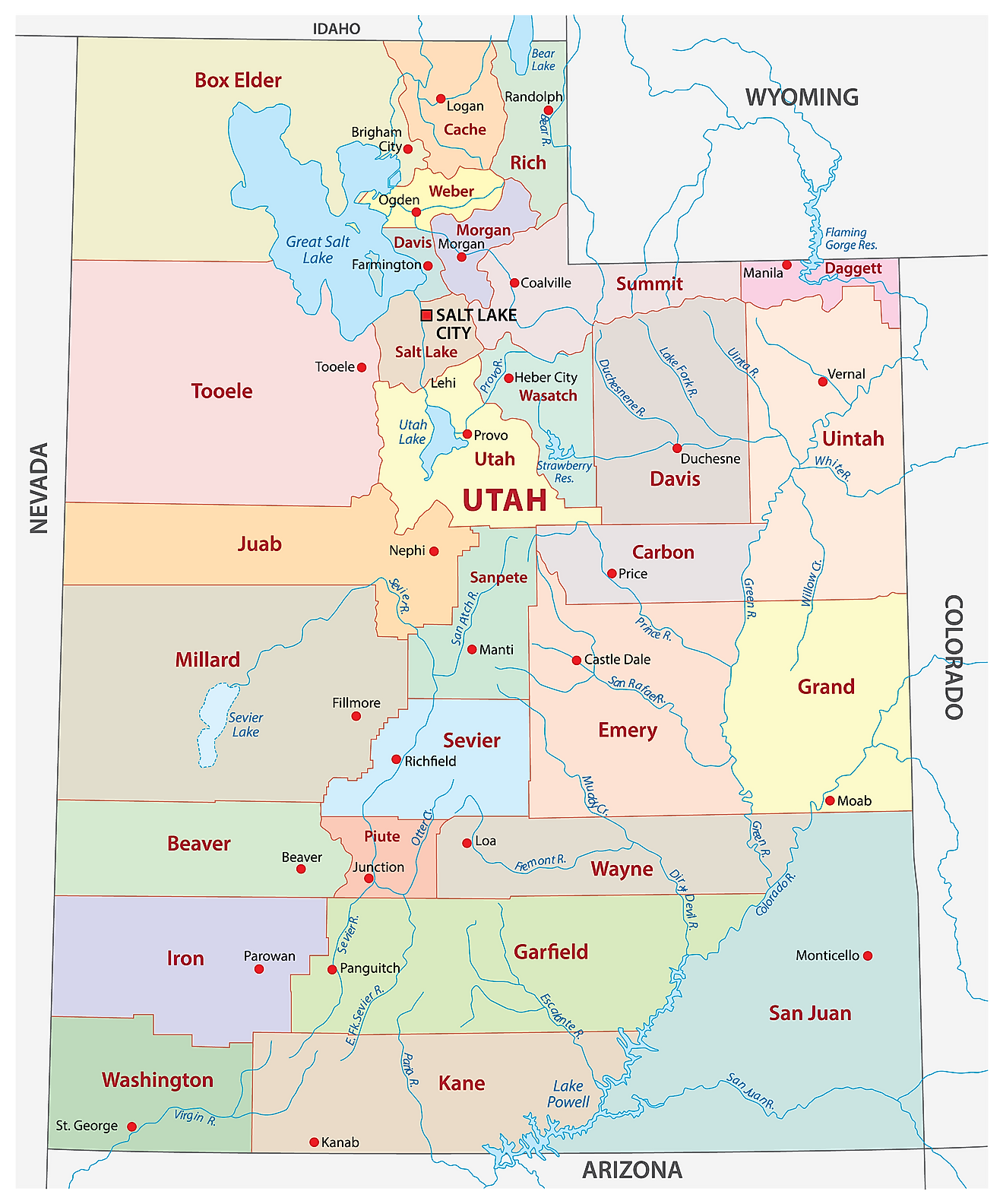 Mapa administrativo de Utah que muestra sus 29 condados y la ciudad capital - Salt Lake City