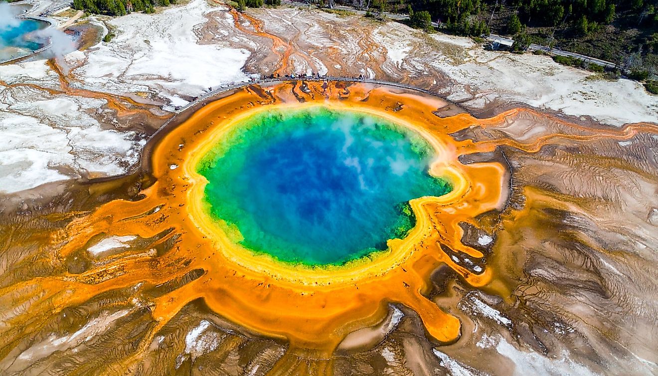 Aerial shot of Grand Prismatic Spring in Yellowstone National Park.