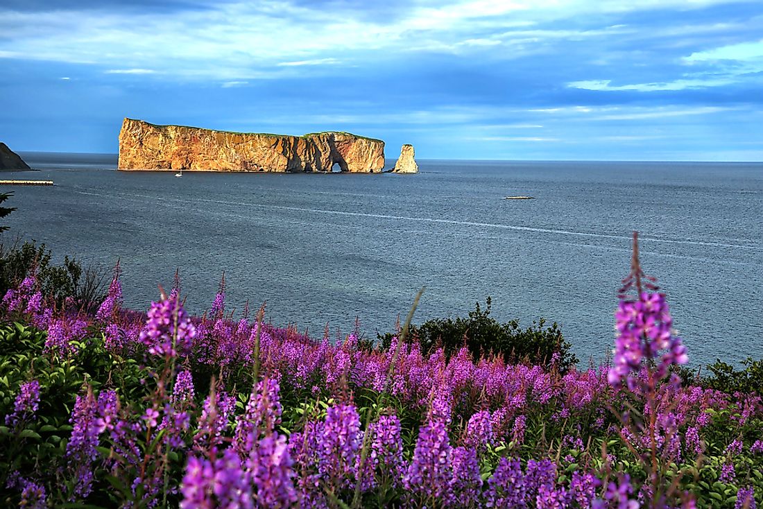 View of Perce Rock at the Perce Geopark in Quebec, Canada. 