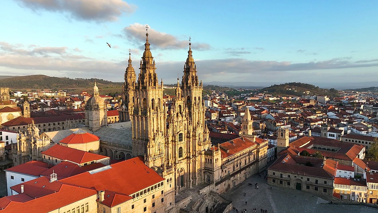 Aerial view of famous Cathedral of Santiago de Compostela. 