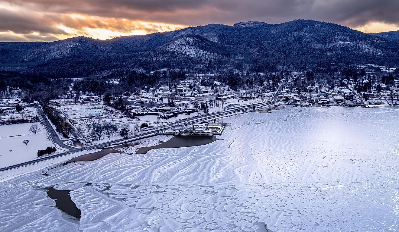 Winter Sunset on frozen Lake George, New York.