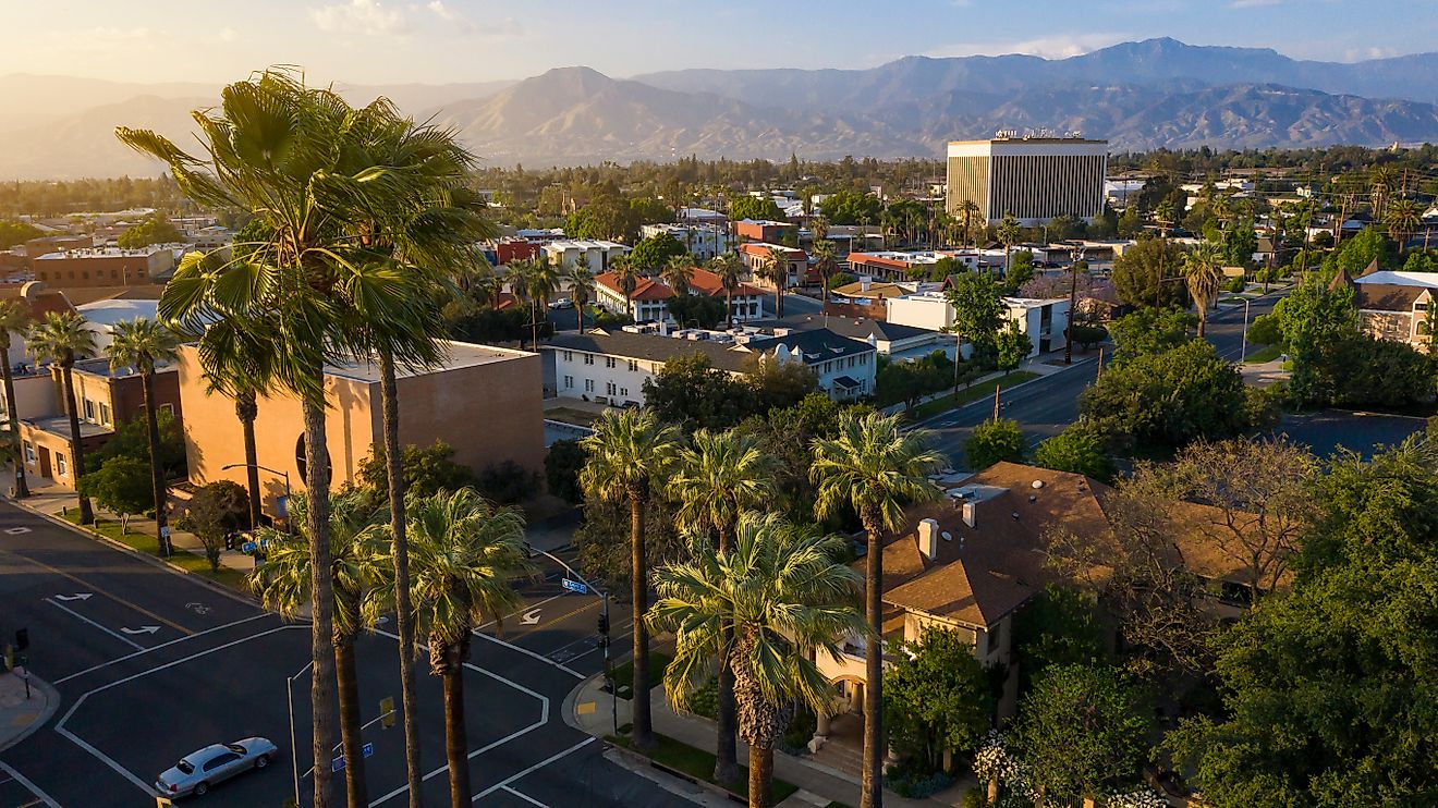 Aerial view of the historic downtown of Redlands, California.