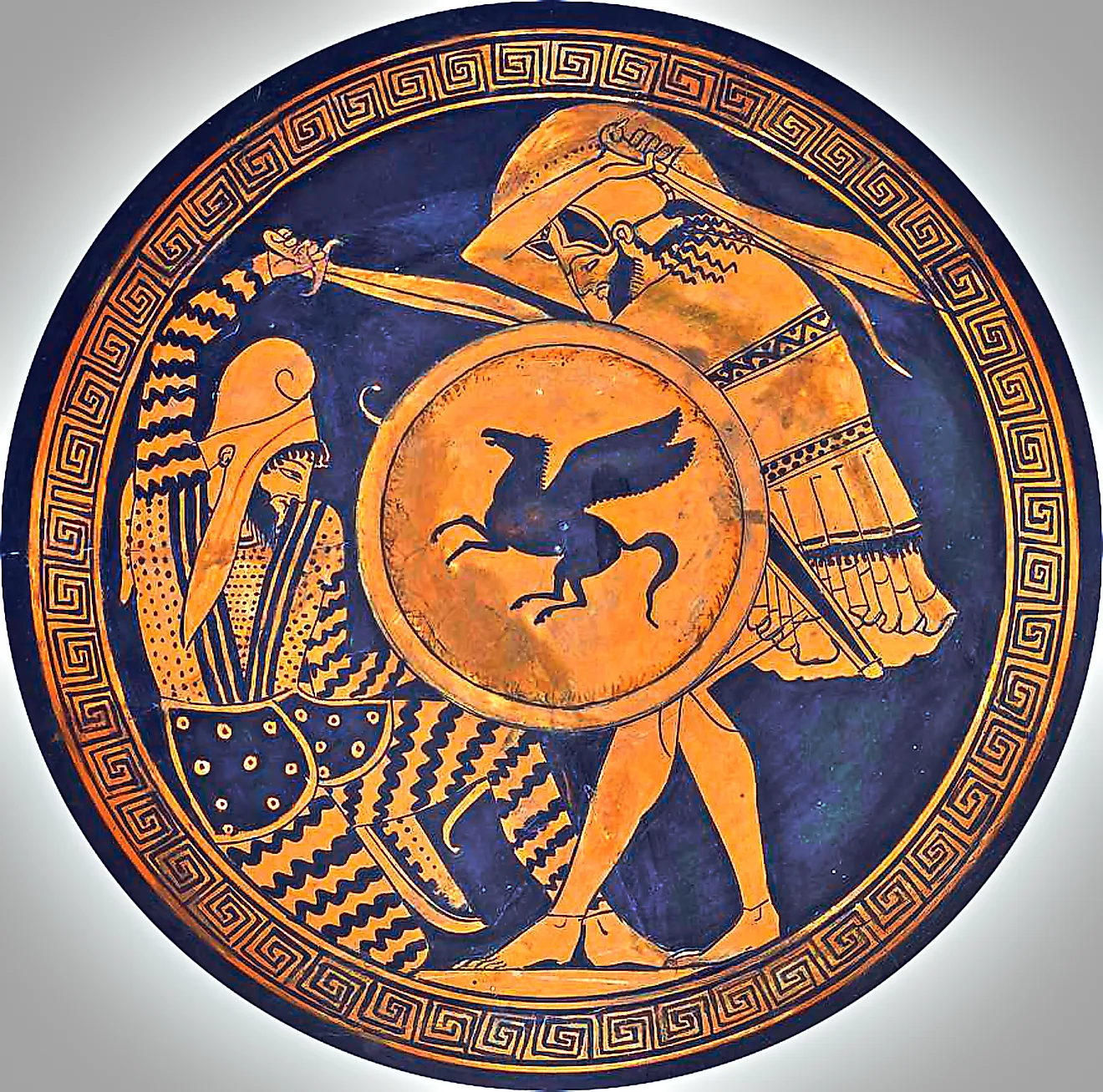 Greek hoplite and Persian warrior fighting each other. Depiction in ancient kylix. 5th c. B.C. National Archaeological Museum of Athens. Image via Wikimedia Commons.
