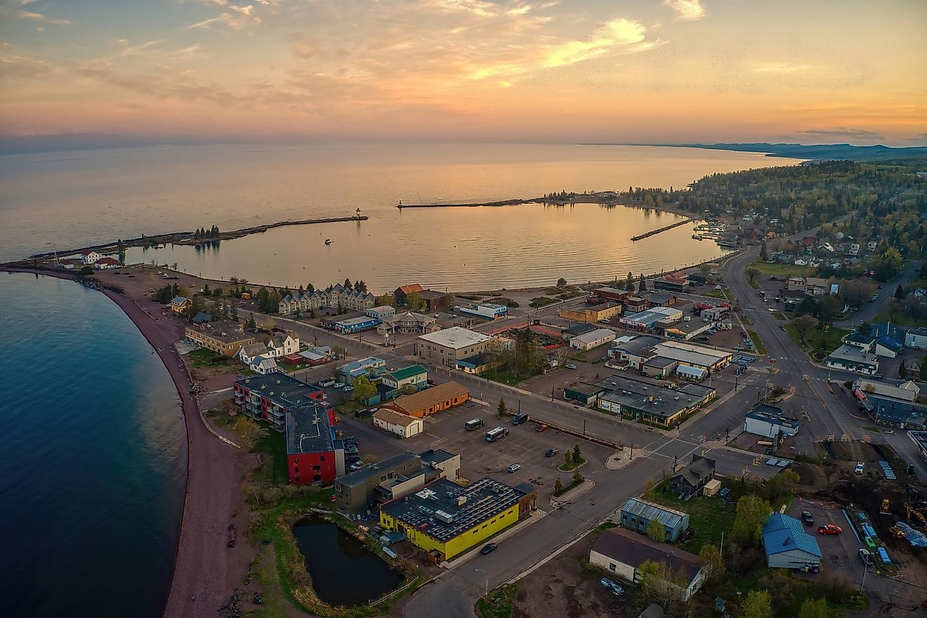 Aerial View of Grand Marais, Minnesota, at sunset.