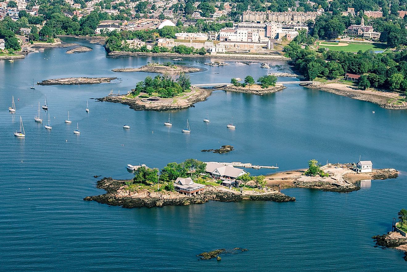 Aerial view of New Rochelle, New York harbor and coastline