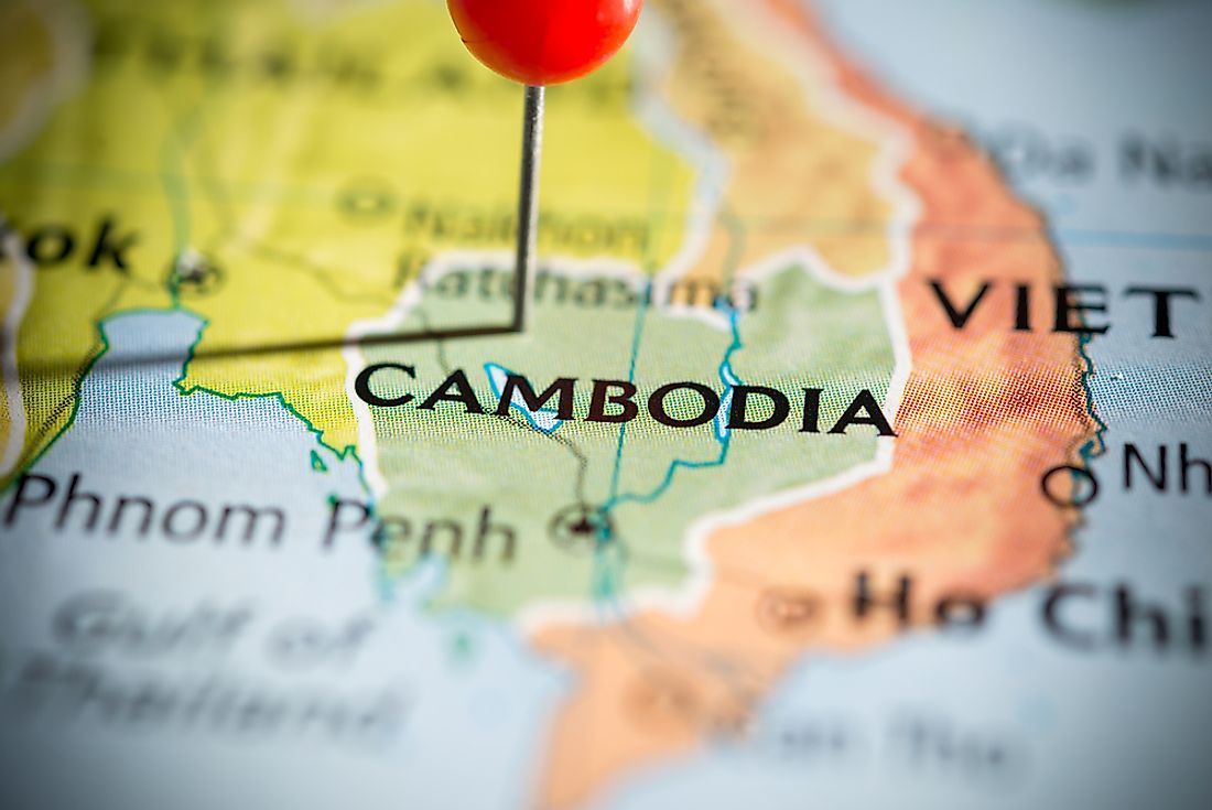 A map showing Cambodia and its neighbors of Laos, Thailand, and Vietnam. 
