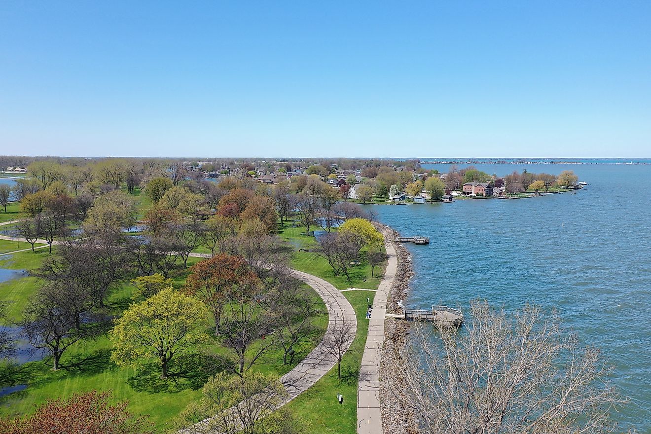 Aerial photograph taken at Lake St. Clair Metropark during the spring time. The recent rainfall has caused all of the water levels to be elevated. Harrison Township, Michigan.