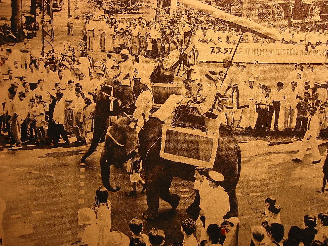 Procession of elephants in the Trưng Sisters' Parade in Saigon, 1957. Image credit: Press and Information Office, Embassy of the Republic of Vietnam / Public domain
