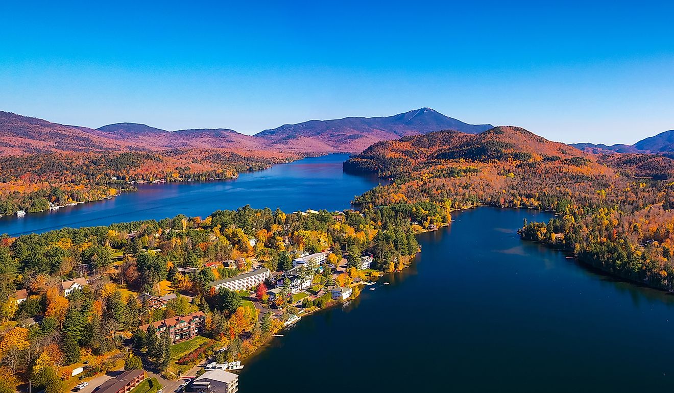 Aerial view of Lake Placid Mountains in the Adirondacks, New York.
