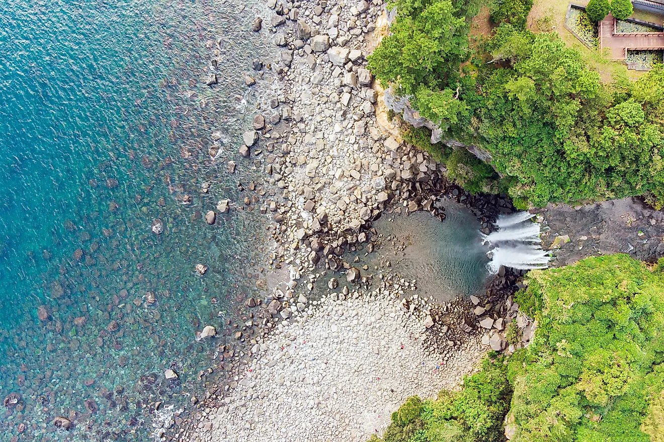 Aerial View of The High Waterfall Jeongbang. Image credit: askarim/Shutterstock.com