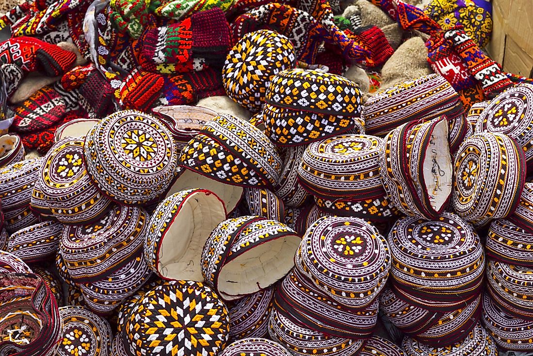 Handmade traditional hats worn by Turkmen are on display in Turkmenistan. 