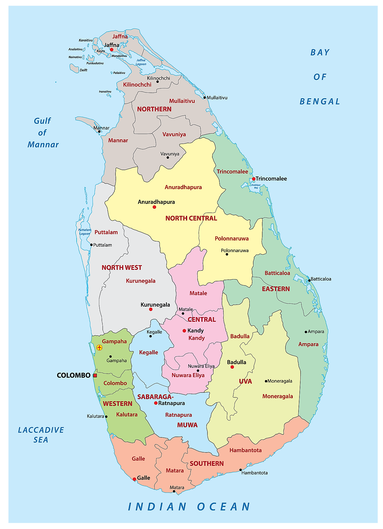 Political Map of Sri Lanka showing the 9 provinces, their capitals, and the national capital cities.