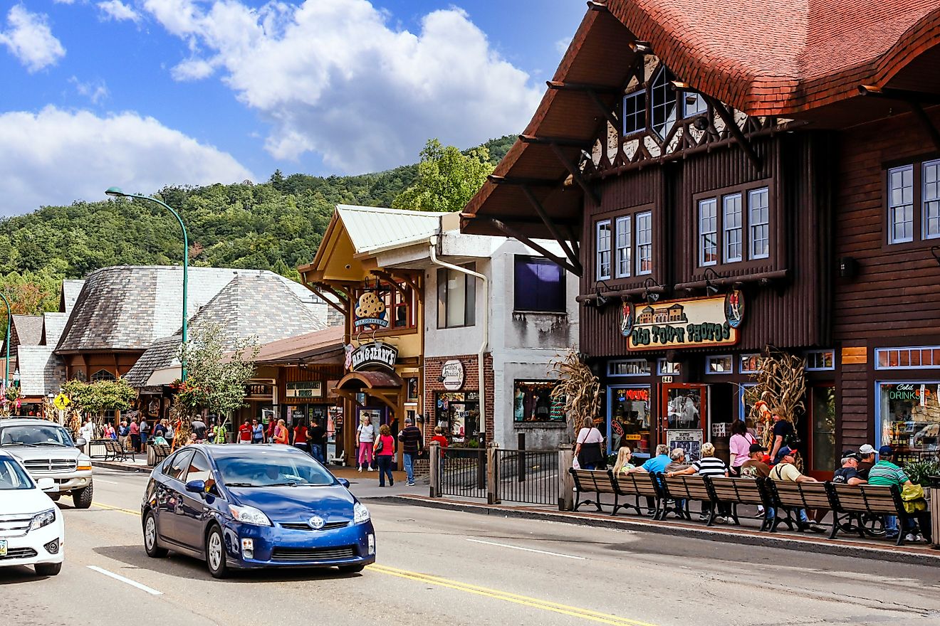 People walking around Main Street in downtown Gatlinburg Tennessee,