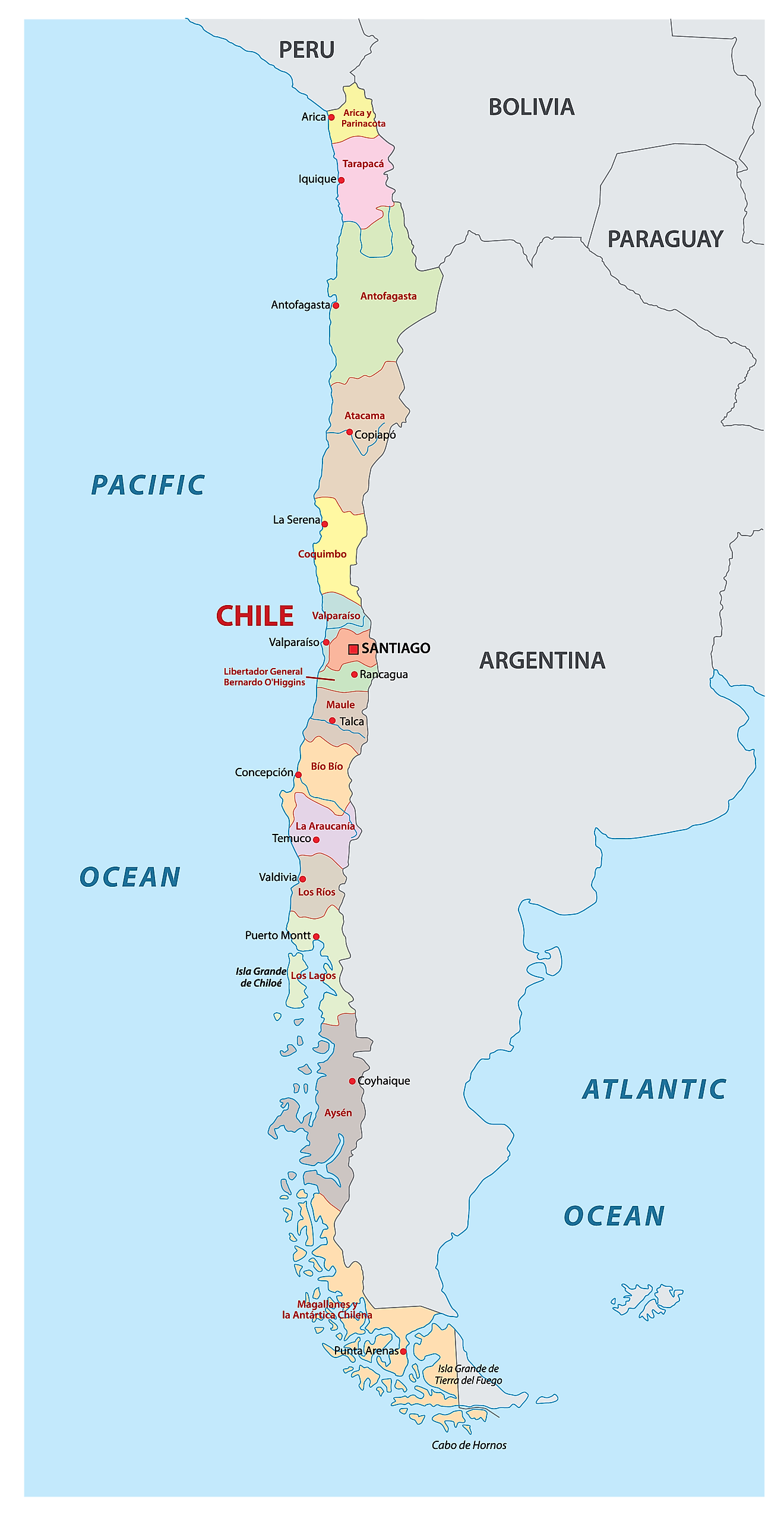 Mapa Político de Chile mostrando sus 16 regiones, 56 provincias y 346 comunas y la ciudad capital de Santiago