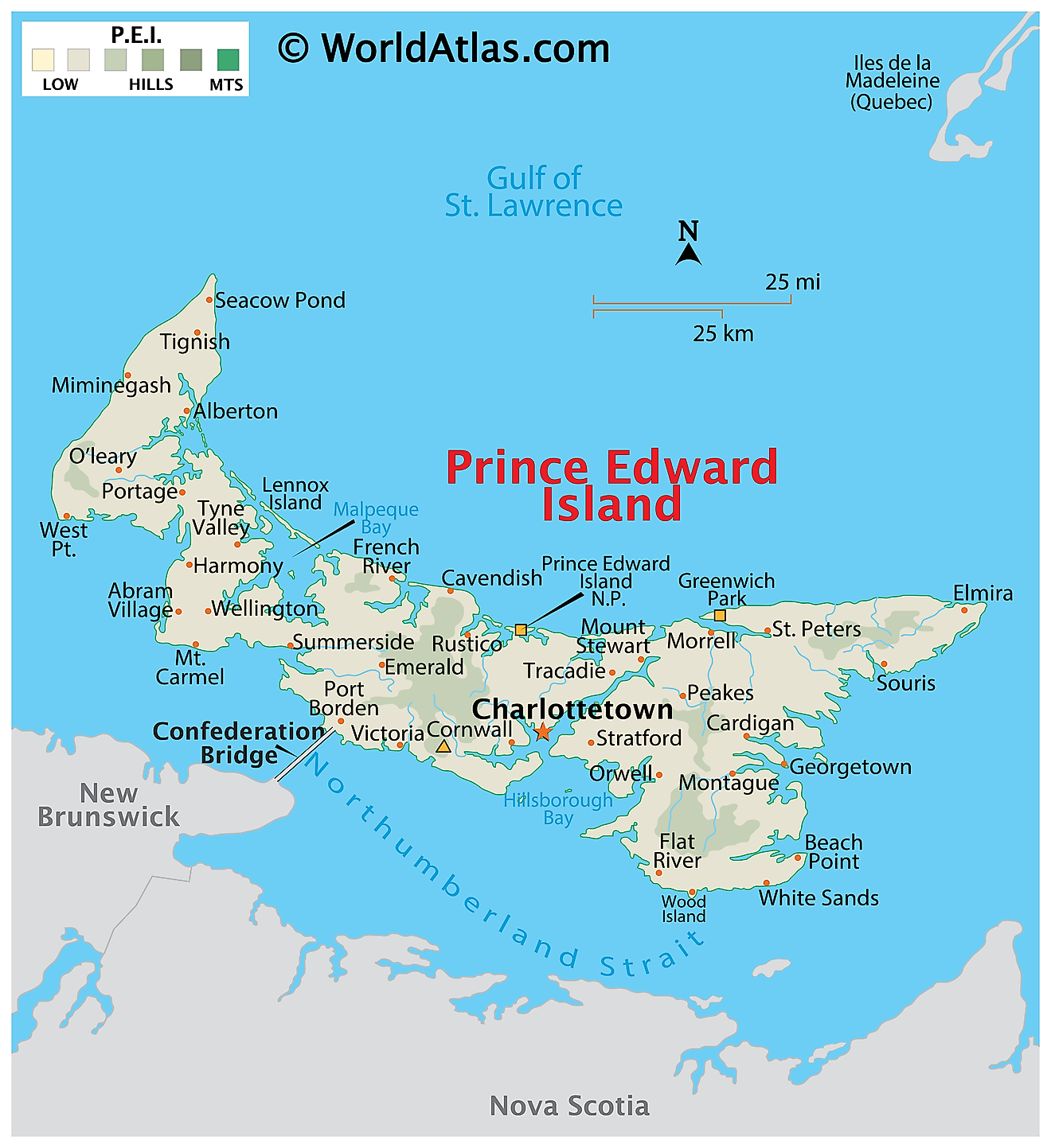 Physical Map of Prince Edward Island. It shows the physical features of Prince Edward Island, including small hills and bays. 