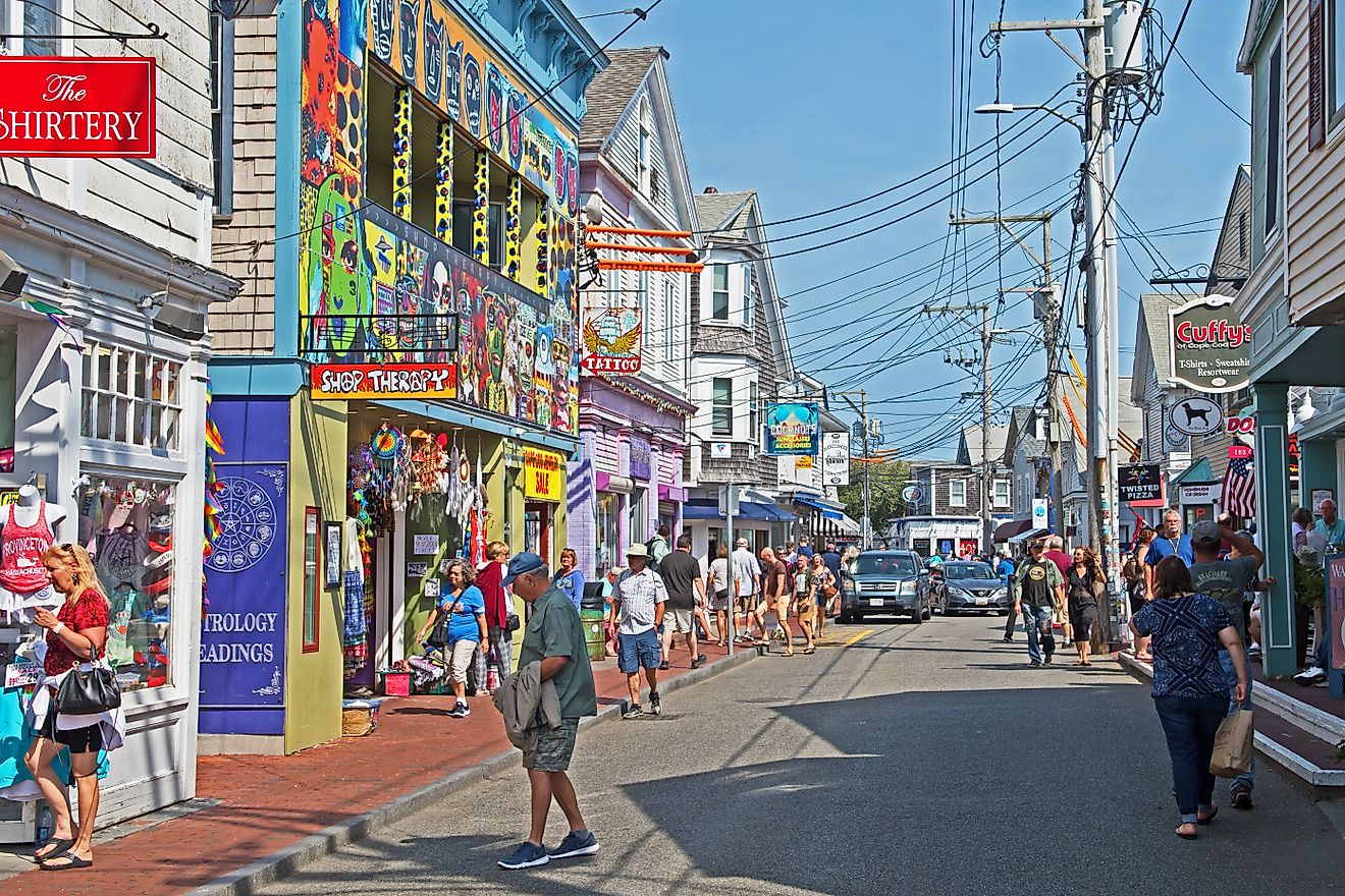 Commercial Street in Provincetown, Massachusetts, USA, known for its eclectic range of stores, cafes, and restaurants. Editorial credit: Mystic Stock Photography / Shutterstock.com