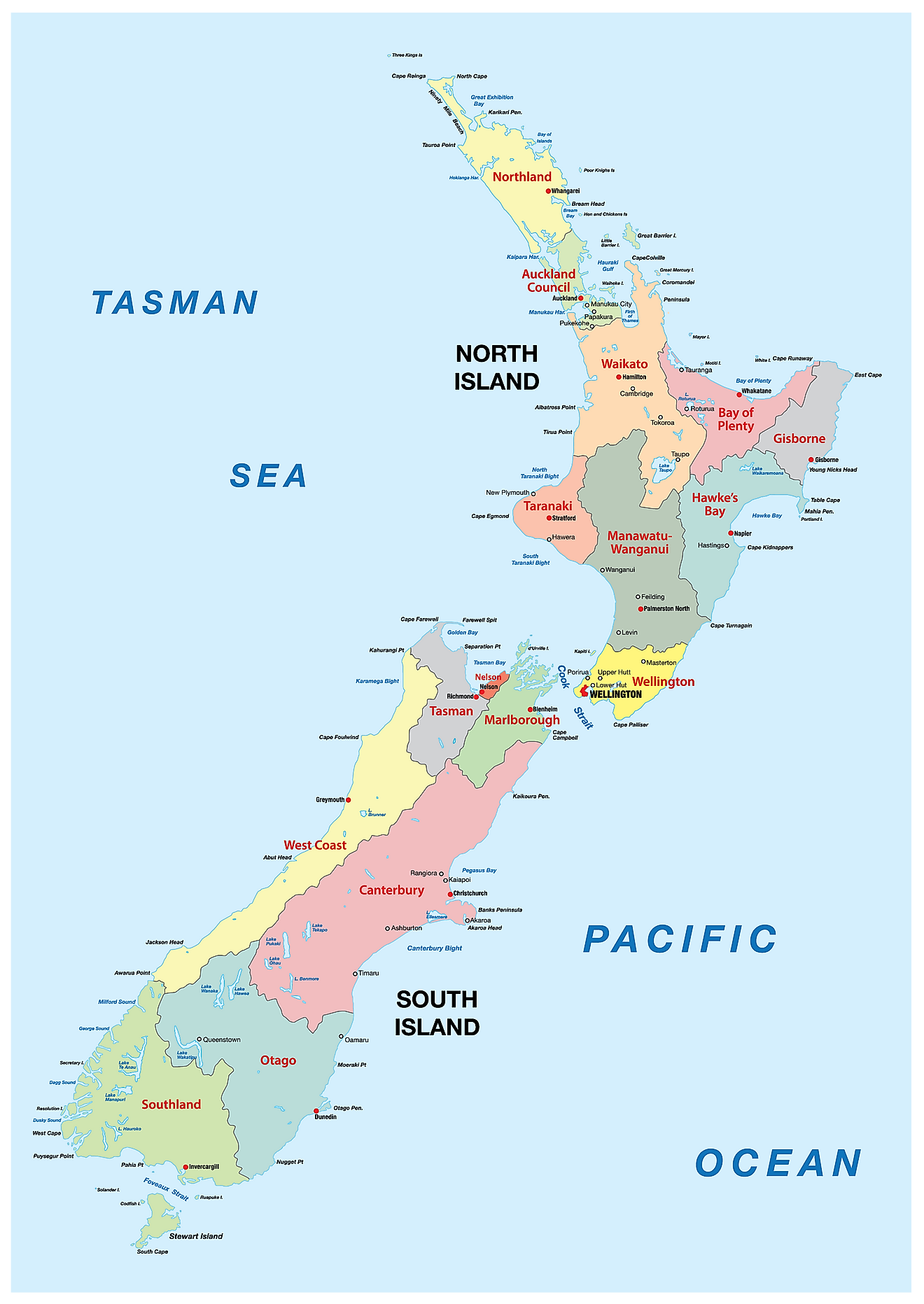 Mapa político de Nueva Zelanda que muestra sus 16 regiones y 1 autoridad territorial y la ciudad capital de Wellington